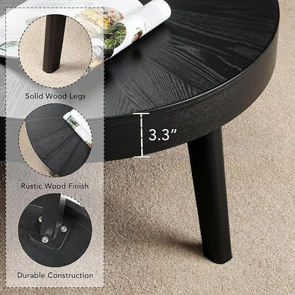 Farmhouse Round Coffee Table Set of 3, Black Sofa Side Nesting Tables End Table Set with Wood Natural Finish for Living Room, Bedroom, Home Office, Conference