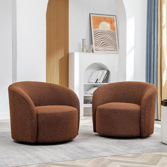 KINWELL 34" W Swivel Barrel Chair Set of 2, Mid Century Modern Round Upholstered Boucle Swivel Accent Chairs, No Assembly Chair for Living Room Bedroom Reading, Brown