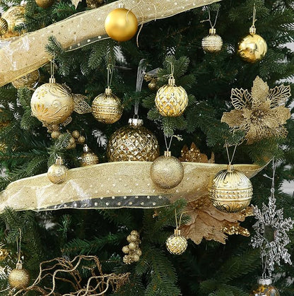 Christmas Ball Ornaments Gold Christmas Tree Decorations with Hang Rope-36pcs Shatterproof Christmas Ornaments Set with 6 Styles in 3 Sizes (Small Medium Large)