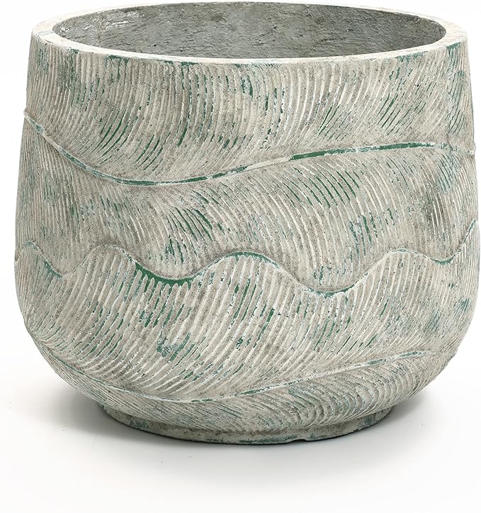 LuxenHome 14" Dia Rustic Weathered Cement Round Planter, Large Outdoor Indoor Plant Pot with Drainage Hole and Rubber Plug, Distressed Decorative Flower Pot for Home Garden Patio Porch