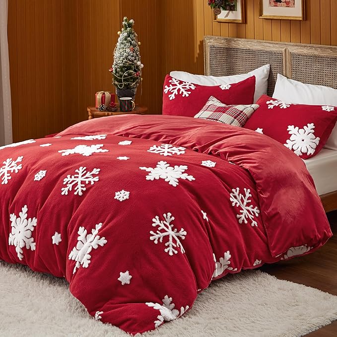 Bedsure Fluffy Duvet Cover Set - Ultra Soft Plush Shaggy Comforter Cover King Size, Warm Flannel Fleece Bed Sets for Winter, 3 Pieces, Snowflake Pattern, Red