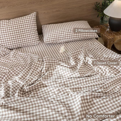 MooMee Gingham Duvet Cover Set 100% Washed Cotton Linen Like Textured Breathable Durable Soft Comfy Modern Checkered Design (Brown Gingham, Super Queen 90"x98")