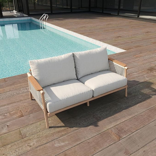 Acanva Modern All-Weather Aluminum Outdoor Sofa with Thick Cushions, Olefin Fabric Sunroom Backyard Furniture, Loveseat Light Khaki