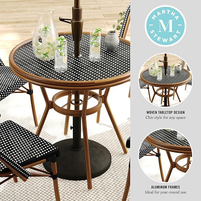 Martha Stewart Lily Pond 31” Round Indoor-Outdoor Bistro Dining Table with Aluminum Frame in Natural Woodgrain and Rattan Top in Black/White with Tempered Glass Top