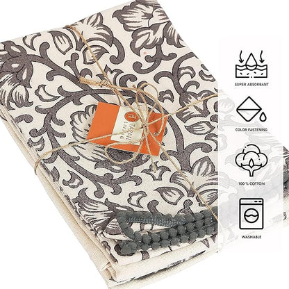 TARAN LIVING Kitchen Towels Dish Towels for Kitchen- Gray & Beige Tea Towels for Kitchen-Bar Towels for Kitchen-KitchenTowels and dishcloths-Printed Floral 18"x28" Pack of 4