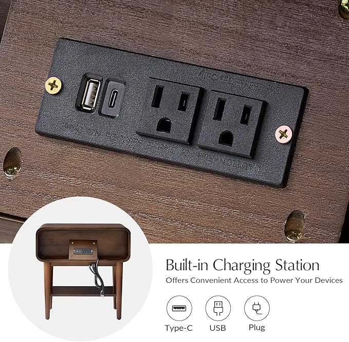 HULALA HOME Nightstand Set of 2 with Pull-Out Shelf, Mid Century Modern End Table with Storage Drawer, Charging Station, Solid Wood Legs, Walnut