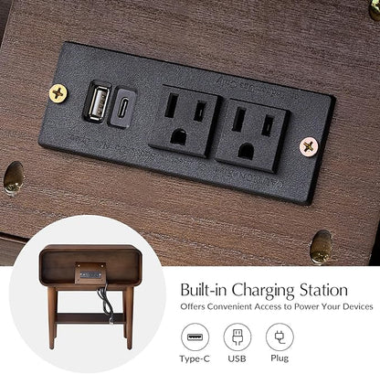 HULALA HOME Nightstand Set of 2 with Pull-Out Shelf, Mid Century Modern End Table with Storage Drawer, Charging Station, Solid Wood Legs, Walnut