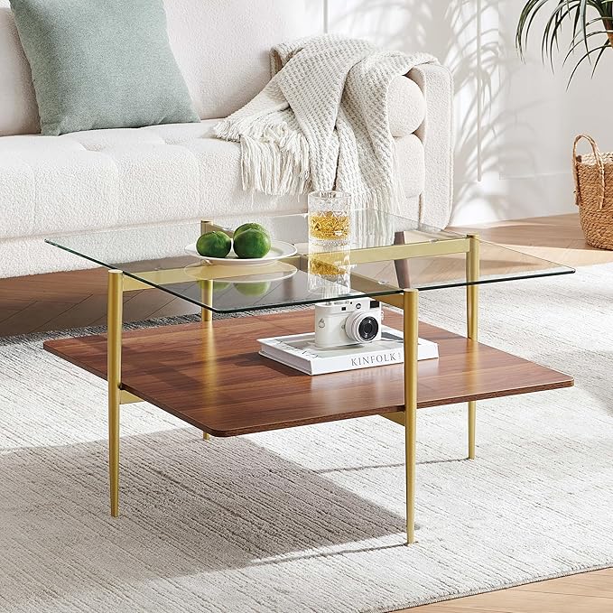 X-Large Oval Glass Coffee Table, Mid-Century Modern Design, L47 x W24 x H17 inch, for Living Room, Clear Glass Top and Walnut Finish Wood Shelf, Conical Legs with Gold Finish Frame