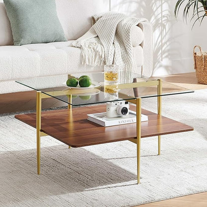 X-Large Oval Glass Coffee Table, Mid-Century Modern Design, L47 x W24 x H17 inch, for Living Room, Clear Glass Top and Walnut Finish Wood Shelf, Conical Legs with Gold Finish Frame