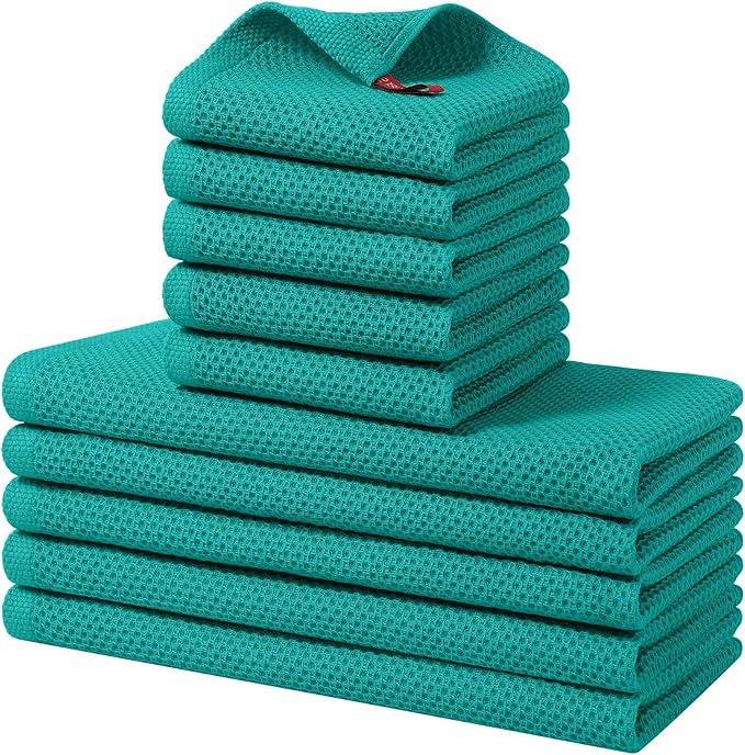 Homaxy 100% Cotton Kitchen Towels and Dishcloths Set, 12 x 12 Inches and 13 x 28 Inches, Set of 10 Bulk Kitchen Towels Set, Ultra Soft Absorbent Dish Cloths for Washing Dishes, Teal