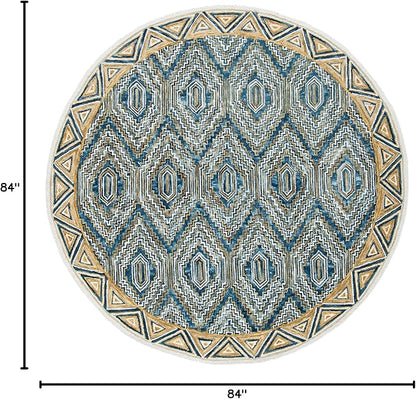 SAFAVIEH Aspen Collection 7' Round Blue/Gold APN822M Handmade Boho Wool Area Rug