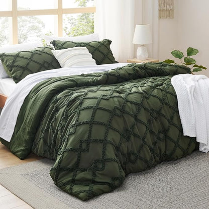 Bedsure Boho Comforter Set King - Olive Green Tufted King Size Comforter, 3 Pieces Farmhouse Shabby Chic Embroidery Bed Set, Soft Fluffy Geometric Pattern Bedding for All Seasons
