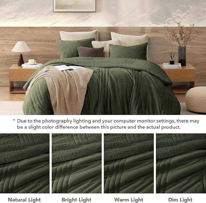 Monbix Fluffy Queen Comforter Set Olive Green, Sherpa Plush Fuzzy Comforter 3 Piece for Queen Size Bed, Luxury Soft Winter Warm Bedding Set