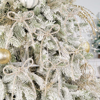 FLAIR GIFTS 6 Pcs 4.3" x 6" 2025 Christmas Bows for Tree Decor, Champagne Gold and Silver Sparkly Glitter Rhinestone Bow Ornaments with Twist Tie for Xmas Decoration, Wreath, Garland, Gift Wrapping