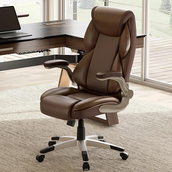 EUREKA ERGONOMIC Galene Executive Office Chair Flip Up Arm Rest, Ergonomic Desk Chair Faux Leather Computer Chair, High Back Office Chair with Headrest, Home Desk Chairs with Wheels, Brown