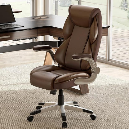 EUREKA ERGONOMIC Galene Executive Office Chair Flip Up Arm Rest, Ergonomic Desk Chair Faux Leather Computer Chair, High Back Office Chair with Headrest, Home Desk Chairs with Wheels, Brown
