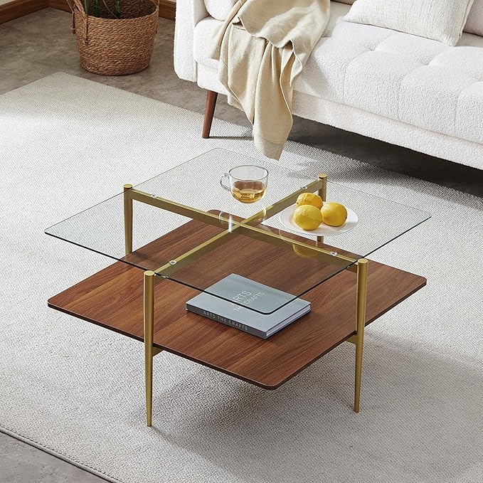 X-Large Oval Glass Coffee Table, Mid-Century Modern Design, L47 x W24 x H17 inch, for Living Room, Clear Glass Top and Walnut Finish Wood Shelf, Conical Legs with Gold Finish Frame