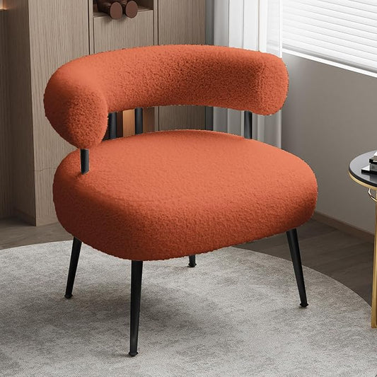 Mid Century Sherpa Boucle Accent Chair, Round Upholstered Barrel Arm Chair for Small Spaces, Fluffy Side Corner Chair for Living Room, Bedroom, Vanity, Office, Reading Nook（Orange）