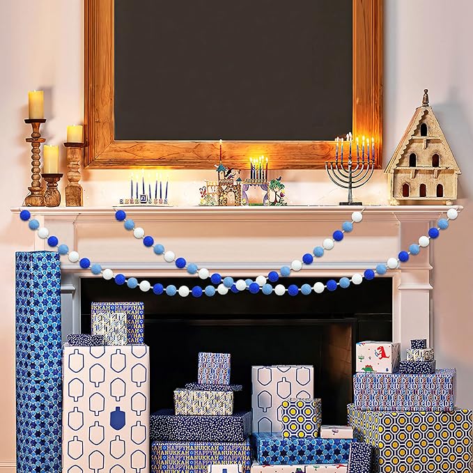 60 Balls Hanukkah Felt Ball Garlands - Hanukkah Decorations- Chanukah Blue Dark Blue White Pom Pom Garlands for Home Tree Menorah- Chanukah Party Indoor Outdoor Home Office Hanging Decor- 25mm