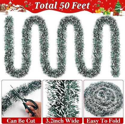 50Ft Christmas Tinsel Garland Dark Green Xmas Tree Decorations Metallic Glitter Twist Garland for Christmas Tree Decorations New Year Party Birthday Holiday Supplies Indoor Outdoor Supplies