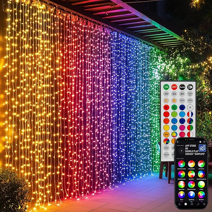 Dazzle Bright 300 LED Curtain String Lights, RGB Color Changing Christmas Fairy Lights for Bedroom with Remote & APP Control, Waterproof Smart Window Lights Party Wedding Garden Wall Decor