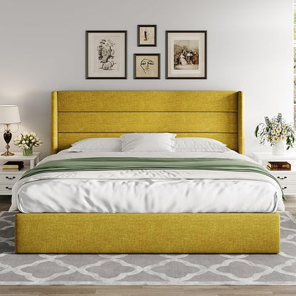 Allewie King Size Lift Up Storage Bed, Modern Wingback Headboard, Hydraulic Support, No Box Spring Needed, Olive Yellow