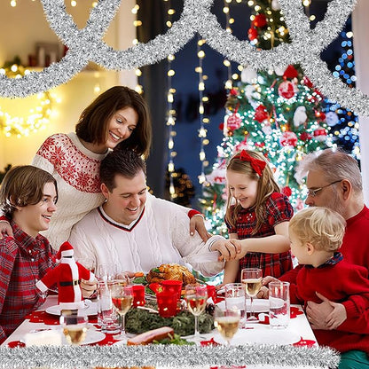 50 Feet Silver Christmas Tinsel Garland for Christmas Tree Decorations, Xmas Metallic Twist Shiny Hanging Garland Decor for Mantle Stairs Fireplace Home Holiday Indoor Outdoor