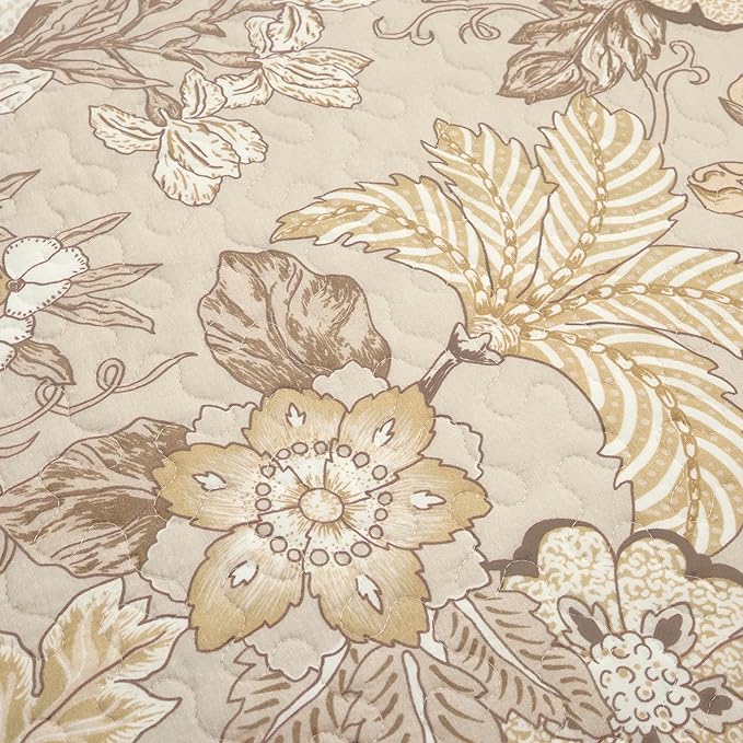 Lush Decor Sydney Reversible Cotton Quilt Set Queen 3 Piece Bedding, Beige Floral Neutral