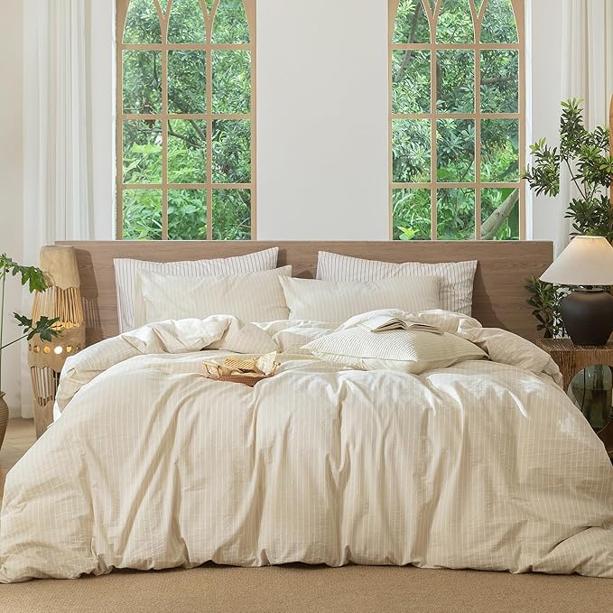 MooMee Striped Duvet Cover Set 100% Washed Cotton Linen Like Textured Breathable Durable Soft Comfy (Almond Milk Grey White Wide Stripes, Queen 90"x90")