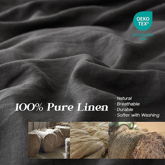 Simple&Opulence 100% Linen Duvet Cover Set, 3 PCS Natural French Flax Dark Grey Duvet Cover Queen Size, Breathable Soft Comfy Linen Bedding Comforter Cover with 2 Pillowcases(Dark Grey, 88"x92")