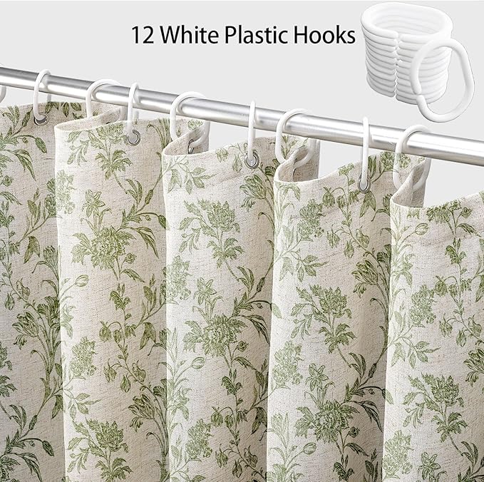 Sage Green Shower Curtain Floral Cotton Linen Cottagecore Shower Curtain for Bathroom 72" W x 75" L