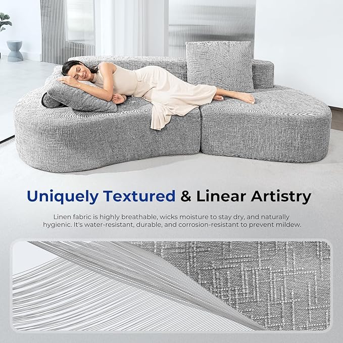 98" Curved Couch with Half Moon Design, Sofa Bed with 2 Throw Pillows & 4 Seaters for Living Room, Office & Apartment,No Assembly Needed(Light Grey)