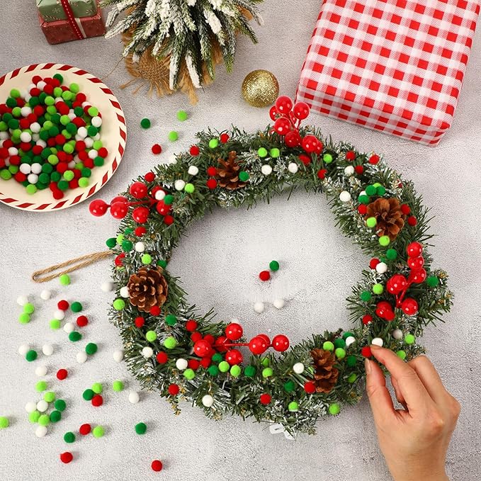 SEPGLITTER Christmas Pom Poms Balls, 1000 Pieces Red Light Green White Mini Pompoms for Crafts Making DIY Art Holiday Christmas Decorations Supplies (4 Colors, 1cm )