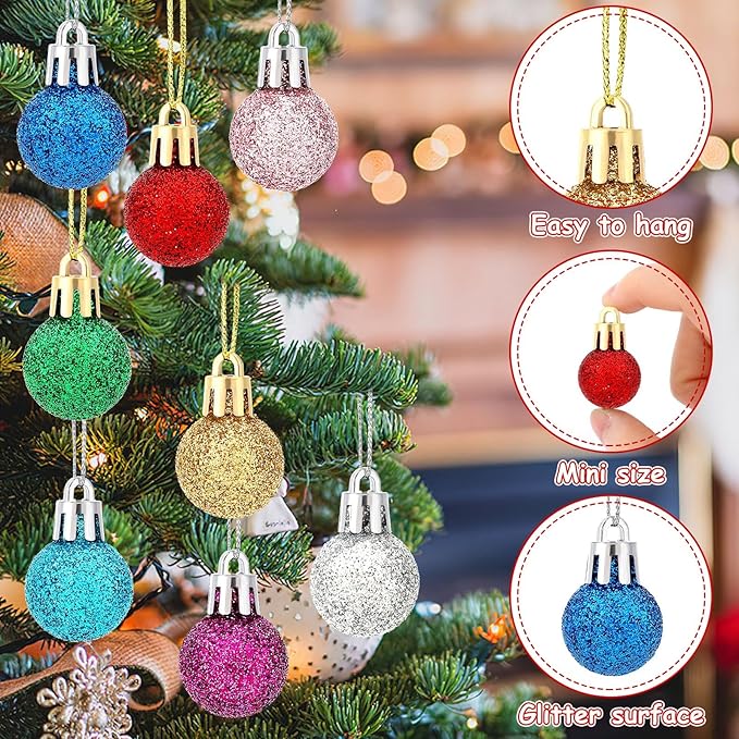 Jansun 60PCS Christmas Mini Balls Ornaments Miniature Xmas Tree Hanging Decorations Small Vintage Multicolour Glitter Balls for Holiday Party Outdoor Indoor DIY Craft Decor Supplies