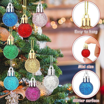 Jansun 60PCS Christmas Mini Balls Ornaments Miniature Xmas Tree Hanging Decorations Small Vintage Multicolour Glitter Balls for Holiday Party Outdoor Indoor DIY Craft Decor Supplies
