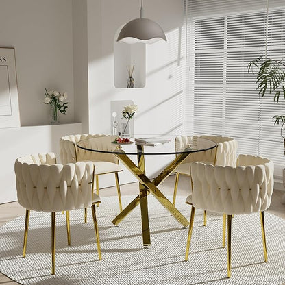 5 Piece Golden Round Glass Dining Table Set, 39'' Clear Circle Glass Top Dinner Room Set for 4, Modern Luxury Circular Kitchen Table & Beige Woven Chairs Set, for Small Apartment