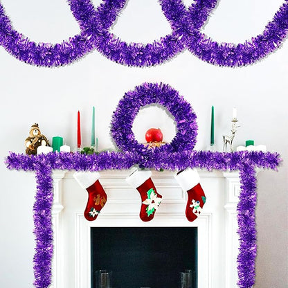 50 Purple Green Christmas Tinsel Garland for Christmas Tree Decorations, Xmas Metallic Twist Shiny Hanging Garland Decor for Mantle Stairs Fireplace Home Holiday Indoor Outdoor