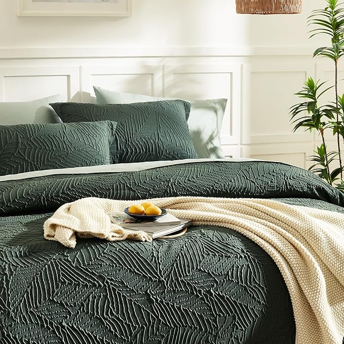 Geniospin Full Size Comforter Set - 7 Pieces Dark Green Bedding Set, Botanical Textured Comforter Bed Set, All Season Lightweight Bed in a Bag with Comforter, Sheets, Pillowcases & Shams