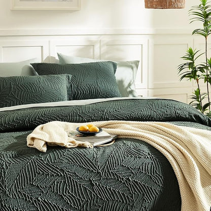 Geniospin King Size Comforter Set - 7 Pieces Dark Green Bedding Set, Botanical Textured Comforter Bed Set, All Season Lightweight Bed in a Bag with Comforter, Sheets, Pillowcases & Shams