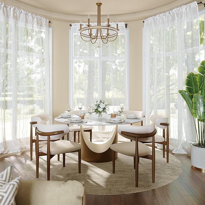 POVISON Round Dining Table for 4-6, 60" Glossy White Sintered Stone Tabletop with Bronze Carbon Steel Pedestal