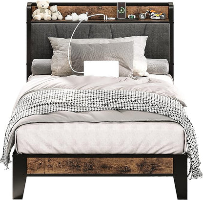 LIKIMIO Twin Bed Frames, Storage Headboard with Charging Station, Solid and Stable, Noise Free, No Box Spring Needed, Easy Assembly