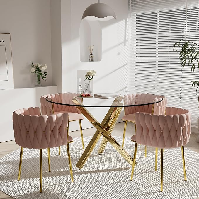 5 Pieces Modern Round Glass Dining Table Set, 47'' Clear Circle Glass Top Kitchen Set, 4 Person Luxury Minimalist Circular Dinner Set with Pink Woven Chairs, for Large Apartment Home (Gold)