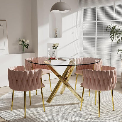 5 Pieces Modern Round Glass Dining Table Set, 47'' Clear Circle Glass Top Kitchen Set, 4 Person Luxury Minimalist Circular Dinner Set with Pink Woven Chairs, for Large Apartment Home (Gold)