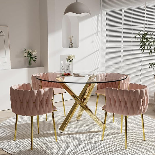 5 Pieces Modern Round Glass Dining Table Set, 47'' Clear Circle Glass Top Kitchen Set, 4 Person Luxury Minimalist Circular Dinner Set with Pink Woven Chairs, for Large Apartment Home (Gold)