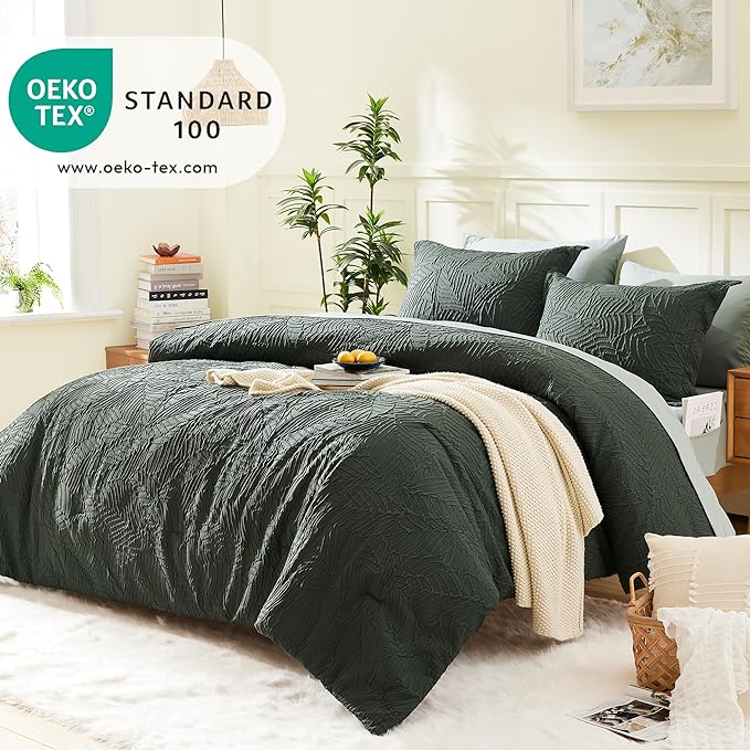 Geniospin Full Size Comforter Set - 7 Pieces Dark Green Bedding Set, Botanical Textured Comforter Bed Set, All Season Lightweight Bed in a Bag with Comforter, Sheets, Pillowcases & Shams