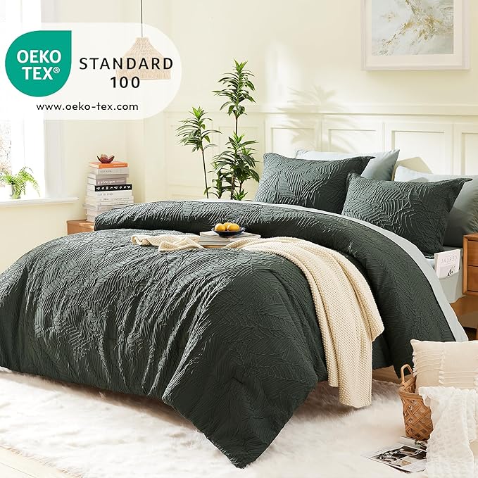 Geniospin King Size Comforter Set - 7 Pieces Dark Green Bedding Set, Botanical Textured Comforter Bed Set, All Season Lightweight Bed in a Bag with Comforter, Sheets, Pillowcases & Shams