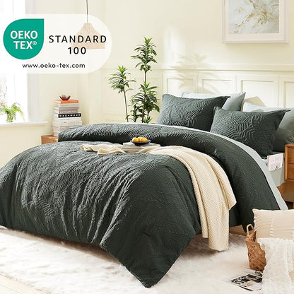 Geniospin King Size Comforter Set - 7 Pieces Dark Green Bedding Set, Botanical Textured Comforter Bed Set, All Season Lightweight Bed in a Bag with Comforter, Sheets, Pillowcases & Shams