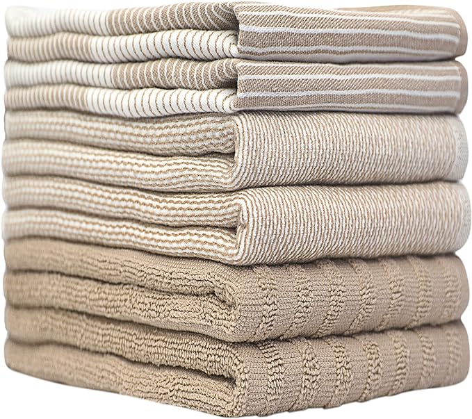Premium Dish Towels 6 Pack Large Cotton Flat Terry Absorbent Tea Towels with Hanging Loop Tan 20x28