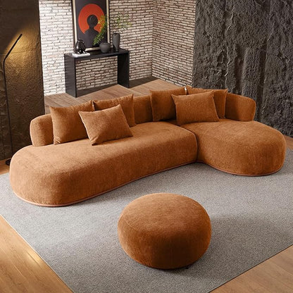 WILLIAMSPACE 134.63" Oversize Curved Sofa Cloud Couch with Round Chaise & Ottoman, Modern Upholstered Curved Sectional Sofa Couch with 6 Pillows for Living Room, No Assembly (Right-Facing,Orange)