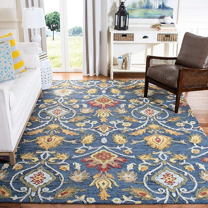 SAFAVIEH Blossom Collection Area Rug - 5' Square, Navy & Multi, Handmade Wool, Ideal for High Traffic Areas in Living Room, Bedroom (BLM402A)
